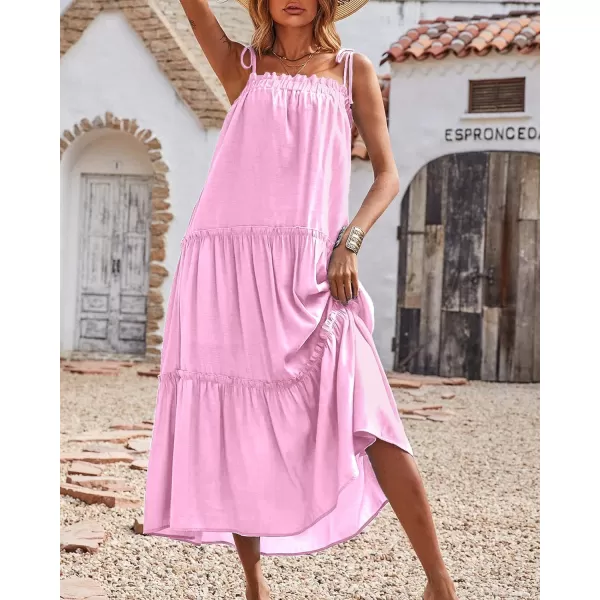 imageBTFBM Women 2023 Summer Maxi Dresses Sleeveless Spaghetti Strap Casual Sundress Tiered Ruffle Boho Cami Beach Long DressSolid Pink