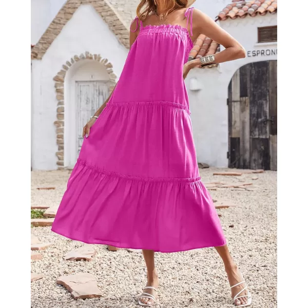 imageBTFBM Women 2023 Summer Maxi Dresses Sleeveless Spaghetti Strap Casual Sundress Tiered Ruffle Boho Cami Beach Long DressSolid Rose Red