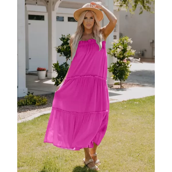 imageBTFBM Women 2023 Summer Maxi Dresses Sleeveless Spaghetti Strap Casual Sundress Tiered Ruffle Boho Cami Beach Long DressSolid Rose Red