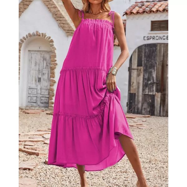 imageBTFBM Women 2023 Summer Maxi Dresses Sleeveless Spaghetti Strap Casual Sundress Tiered Ruffle Boho Cami Beach Long DressSolid Rose Red