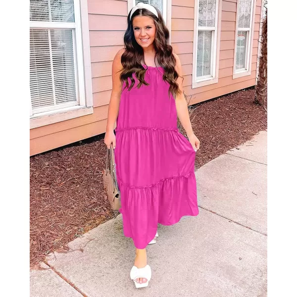 imageBTFBM Women 2023 Summer Maxi Dresses Sleeveless Spaghetti Strap Casual Sundress Tiered Ruffle Boho Cami Beach Long DressSolid Rose Red