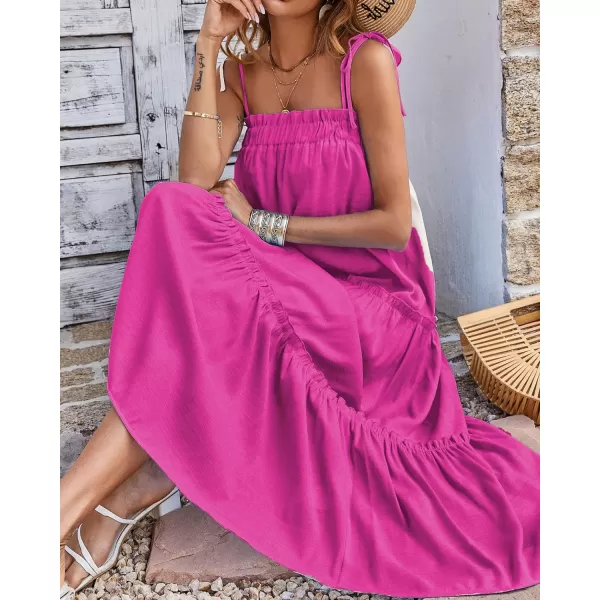 imageBTFBM Women 2023 Summer Maxi Dresses Sleeveless Spaghetti Strap Casual Sundress Tiered Ruffle Boho Cami Beach Long DressSolid Rose Red