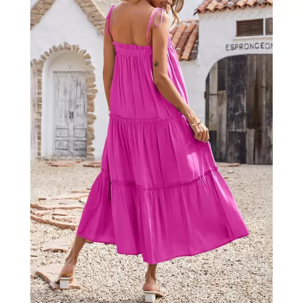 imageBTFBM Women 2023 Summer Maxi Dresses Sleeveless Spaghetti Strap Casual Sundress Tiered Ruffle Boho Cami Beach Long DressSolid Rose Red
