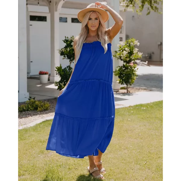 imageBTFBM Women 2023 Summer Maxi Dresses Sleeveless Spaghetti Strap Casual Sundress Tiered Ruffle Boho Cami Beach Long DressSolid Royal Blue