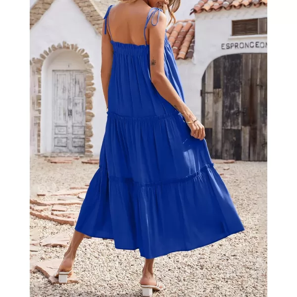 imageBTFBM Women 2023 Summer Maxi Dresses Sleeveless Spaghetti Strap Casual Sundress Tiered Ruffle Boho Cami Beach Long DressSolid Royal Blue