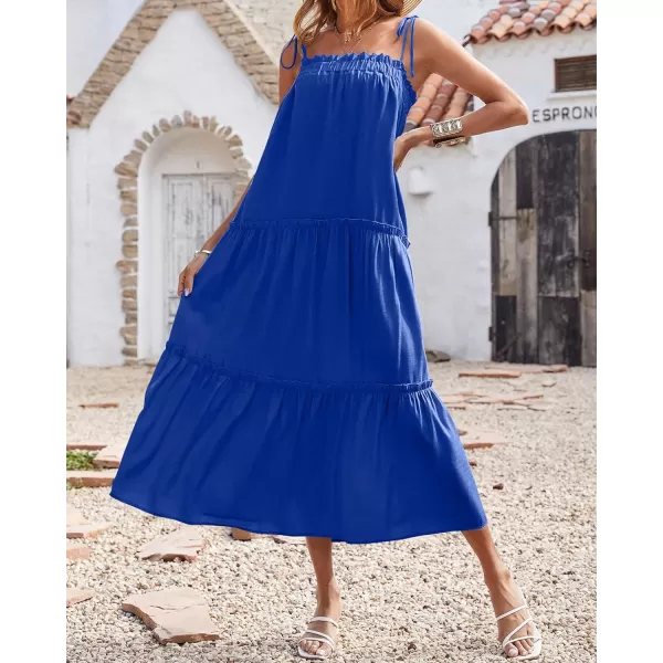 imageBTFBM Women 2023 Summer Maxi Dresses Sleeveless Spaghetti Strap Casual Sundress Tiered Ruffle Boho Cami Beach Long DressSolid Royal Blue