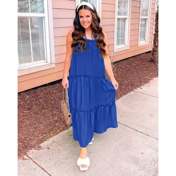 imageBTFBM Women 2023 Summer Maxi Dresses Sleeveless Spaghetti Strap Casual Sundress Tiered Ruffle Boho Cami Beach Long DressSolid Royal Blue