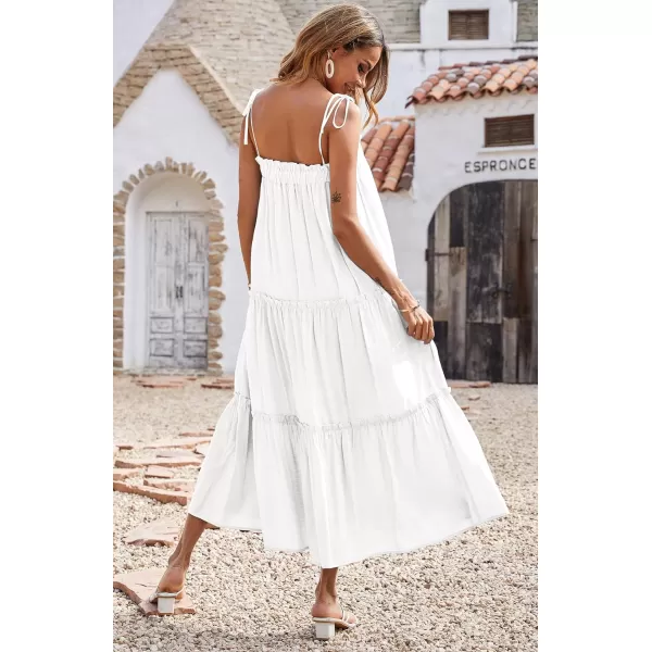 imageBTFBM Women 2023 Summer Maxi Dresses Sleeveless Spaghetti Strap Casual Sundress Tiered Ruffle Boho Cami Beach Long DressSolid White