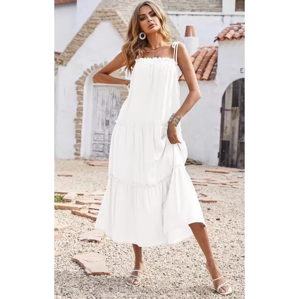 imageBTFBM Women 2023 Summer Maxi Dresses Sleeveless Spaghetti Strap Casual Sundress Tiered Ruffle Boho Cami Beach Long DressSolid White