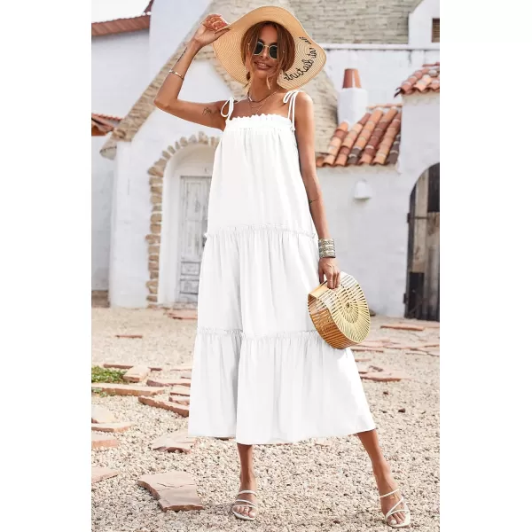 imageBTFBM Women 2023 Summer Maxi Dresses Sleeveless Spaghetti Strap Casual Sundress Tiered Ruffle Boho Cami Beach Long DressSolid White