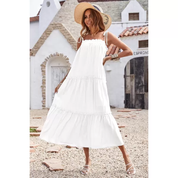 imageBTFBM Women 2023 Summer Maxi Dresses Sleeveless Spaghetti Strap Casual Sundress Tiered Ruffle Boho Cami Beach Long DressSolid White