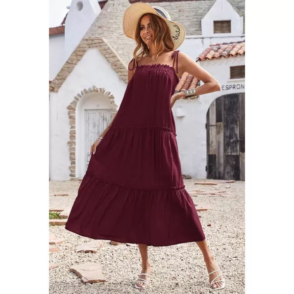 imageBTFBM Women 2023 Summer Maxi Dresses Sleeveless Spaghetti Strap Casual Sundress Tiered Ruffle Boho Cami Beach Long DressSolid Wine Red