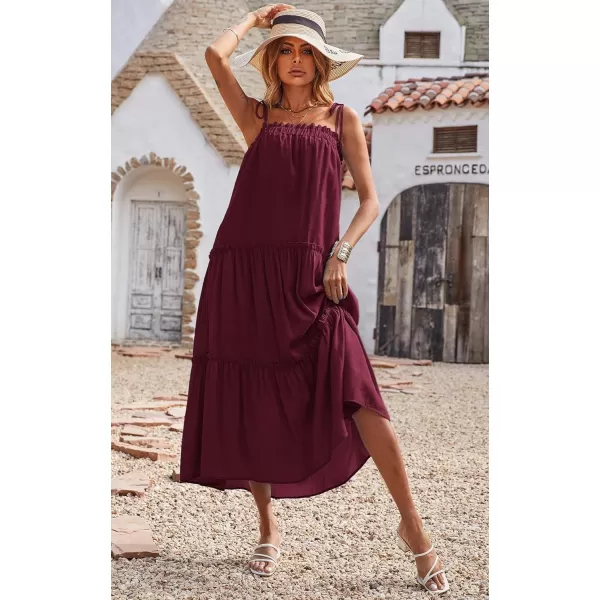 imageBTFBM Women 2023 Summer Maxi Dresses Sleeveless Spaghetti Strap Casual Sundress Tiered Ruffle Boho Cami Beach Long DressSolid Wine Red