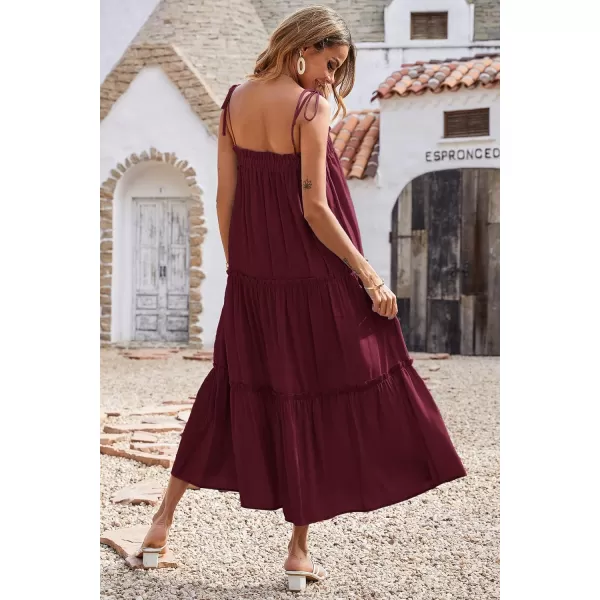 imageBTFBM Women 2023 Summer Maxi Dresses Sleeveless Spaghetti Strap Casual Sundress Tiered Ruffle Boho Cami Beach Long DressSolid Wine Red