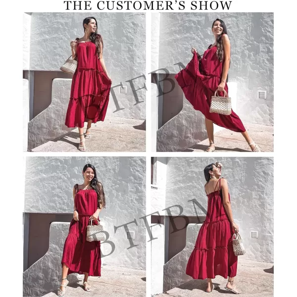 imageBTFBM Women 2023 Summer Maxi Dresses Sleeveless Spaghetti Strap Casual Sundress Tiered Ruffle Boho Cami Beach Long DressSolid Wine Red