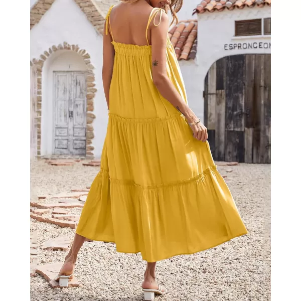 imageBTFBM Women 2023 Summer Maxi Dresses Sleeveless Spaghetti Strap Casual Sundress Tiered Ruffle Boho Cami Beach Long DressSolid Yellow