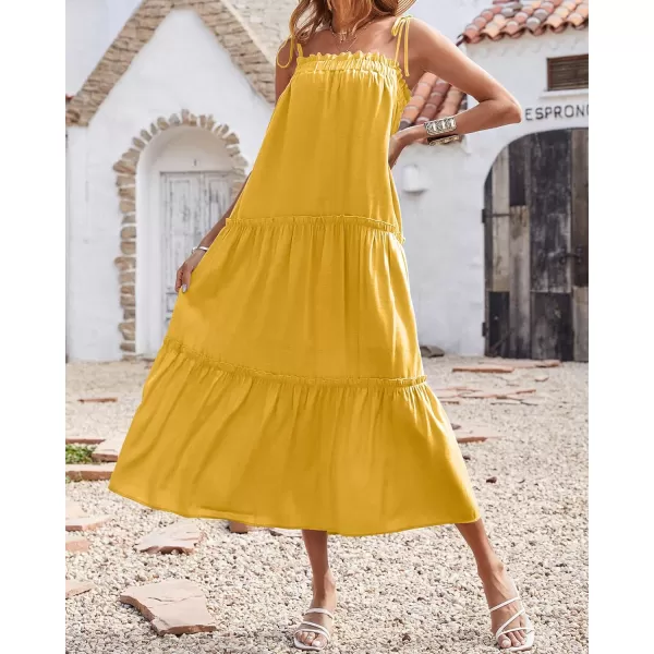 imageBTFBM Women 2023 Summer Maxi Dresses Sleeveless Spaghetti Strap Casual Sundress Tiered Ruffle Boho Cami Beach Long DressSolid Yellow