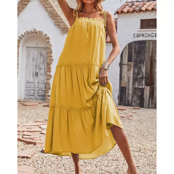 imageBTFBM Women 2023 Summer Maxi Dresses Sleeveless Spaghetti Strap Casual Sundress Tiered Ruffle Boho Cami Beach Long DressSolid Yellow
