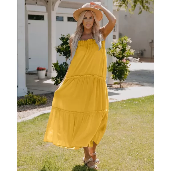 imageBTFBM Women 2023 Summer Maxi Dresses Sleeveless Spaghetti Strap Casual Sundress Tiered Ruffle Boho Cami Beach Long DressSolid Yellow