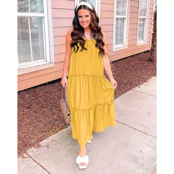 imageBTFBM Women 2023 Summer Maxi Dresses Sleeveless Spaghetti Strap Casual Sundress Tiered Ruffle Boho Cami Beach Long DressSolid Yellow