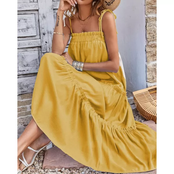 imageBTFBM Women 2023 Summer Maxi Dresses Sleeveless Spaghetti Strap Casual Sundress Tiered Ruffle Boho Cami Beach Long DressSolid Yellow