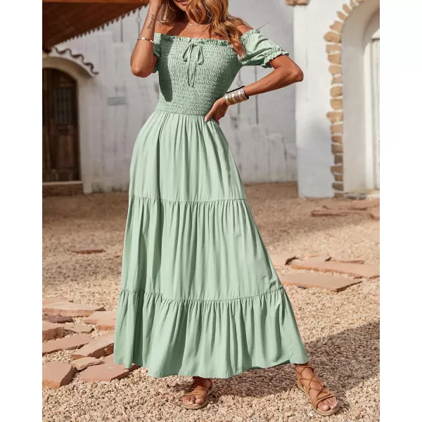 imageBTFBM Women 2023 Summer Off Shoulder Maxi Dresses Short Sleeve Smocked Casual Swing Pleated Party Beach Long Aline DressSolid Bean Green