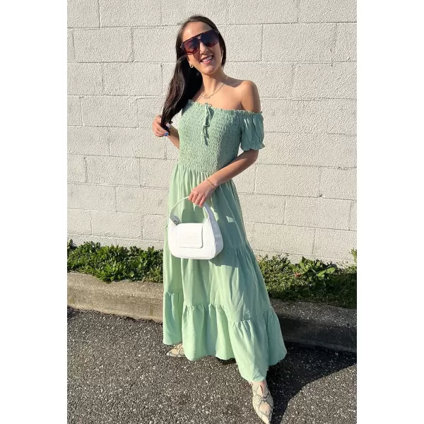 imageBTFBM Women 2023 Summer Off Shoulder Maxi Dresses Short Sleeve Smocked Casual Swing Pleated Party Beach Long Aline DressSolid Bean Green