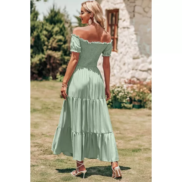 imageBTFBM Women 2023 Summer Off Shoulder Maxi Dresses Short Sleeve Smocked Casual Swing Pleated Party Beach Long Aline DressSolid Bean Green