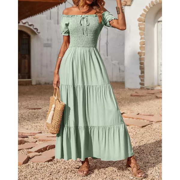 imageBTFBM Women 2023 Summer Off Shoulder Maxi Dresses Short Sleeve Smocked Casual Swing Pleated Party Beach Long Aline DressSolid Bean Green