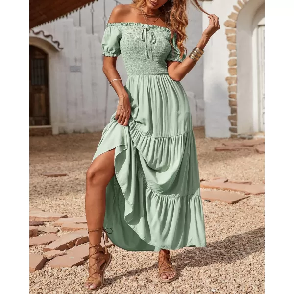 imageBTFBM Women 2023 Summer Off Shoulder Maxi Dresses Short Sleeve Smocked Casual Swing Pleated Party Beach Long Aline DressSolid Bean Green