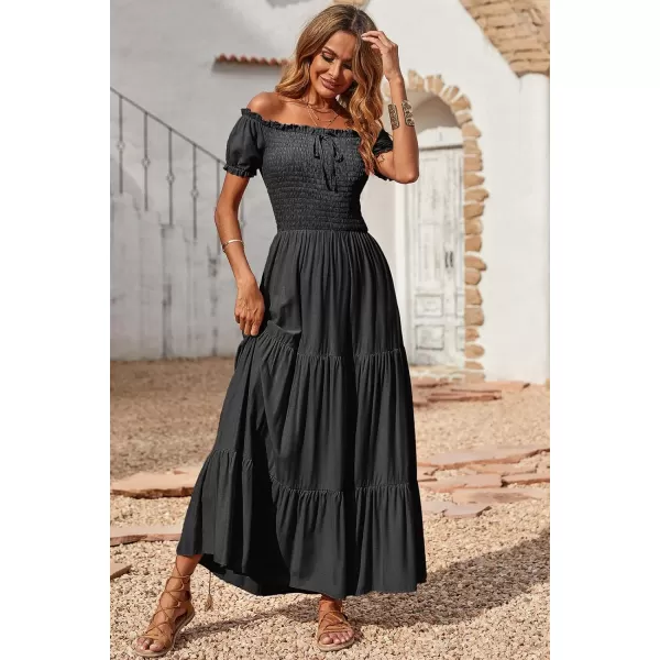 imageBTFBM Women 2023 Summer Off Shoulder Maxi Dresses Short Sleeve Smocked Casual Swing Pleated Party Beach Long Aline DressSolid Black