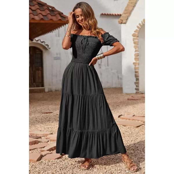 imageBTFBM Women 2023 Summer Off Shoulder Maxi Dresses Short Sleeve Smocked Casual Swing Pleated Party Beach Long Aline DressSolid Black