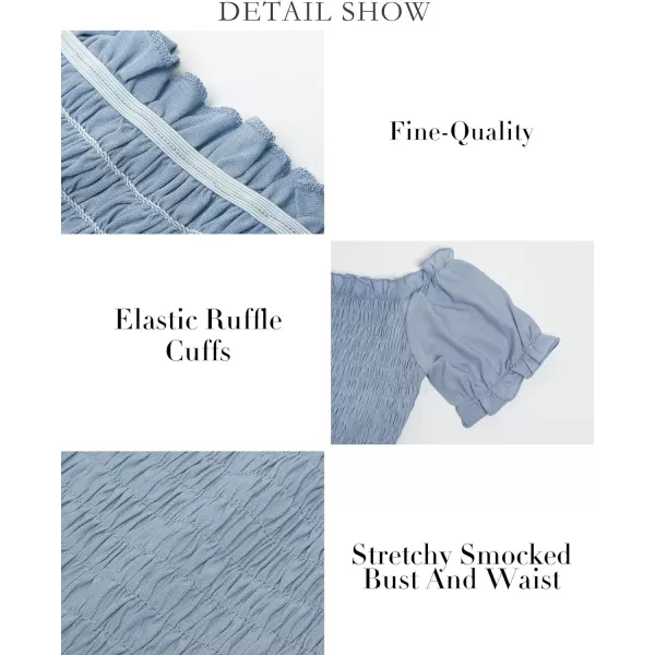 imageBTFBM Women 2023 Summer Off Shoulder Maxi Dresses Short Sleeve Smocked Casual Swing Pleated Party Beach Long Aline DressSolid Blue