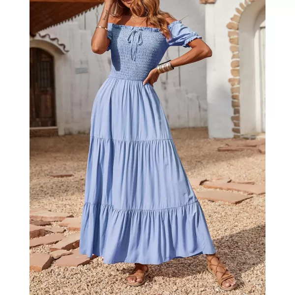 imageBTFBM Women 2023 Summer Off Shoulder Maxi Dresses Short Sleeve Smocked Casual Swing Pleated Party Beach Long Aline DressSolid Blue