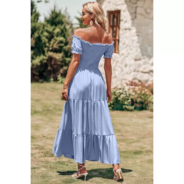 imageBTFBM Women 2023 Summer Off Shoulder Maxi Dresses Short Sleeve Smocked Casual Swing Pleated Party Beach Long Aline DressSolid Blue