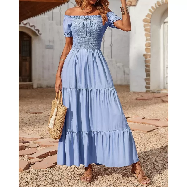 imageBTFBM Women 2023 Summer Off Shoulder Maxi Dresses Short Sleeve Smocked Casual Swing Pleated Party Beach Long Aline DressSolid Blue