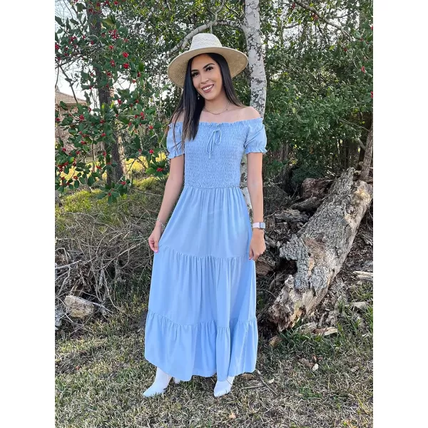 imageBTFBM Women 2023 Summer Off Shoulder Maxi Dresses Short Sleeve Smocked Casual Swing Pleated Party Beach Long Aline DressSolid Blue