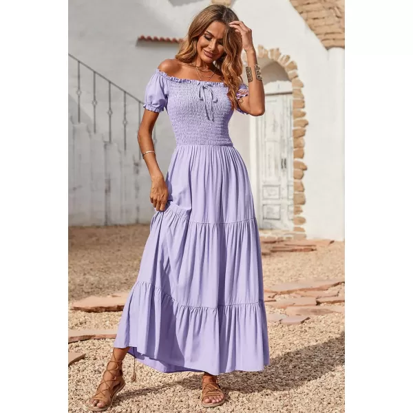 imageBTFBM Women 2023 Summer Off Shoulder Maxi Dresses Short Sleeve Smocked Casual Swing Pleated Party Beach Long Aline DressSolid Light Purple