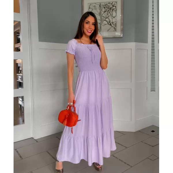 imageBTFBM Women 2023 Summer Off Shoulder Maxi Dresses Short Sleeve Smocked Casual Swing Pleated Party Beach Long Aline DressSolid Light Purple