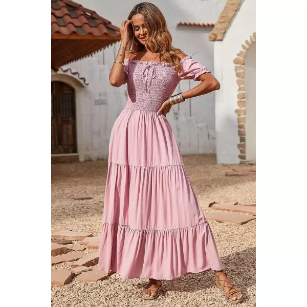imageBTFBM Women 2023 Summer Off Shoulder Maxi Dresses Short Sleeve Smocked Casual Swing Pleated Party Beach Long Aline DressSolid Pink