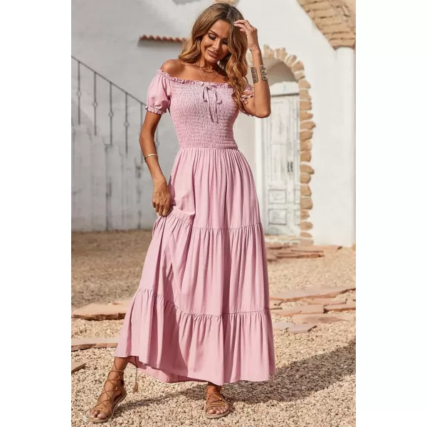 imageBTFBM Women 2023 Summer Off Shoulder Maxi Dresses Short Sleeve Smocked Casual Swing Pleated Party Beach Long Aline DressSolid Pink