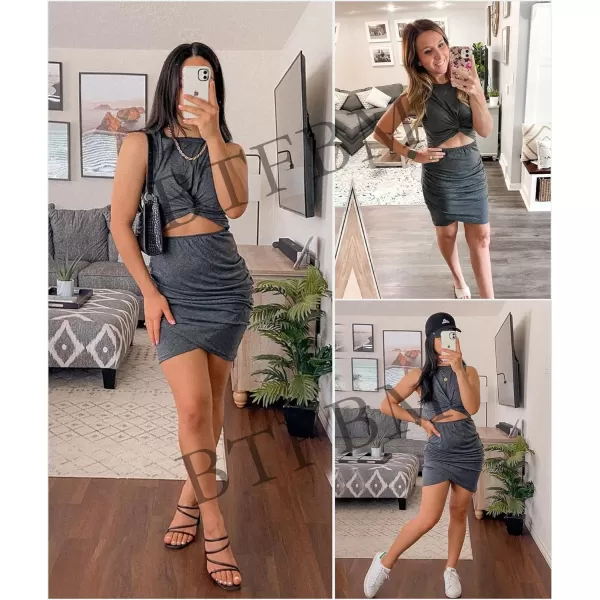 imageBTFBM Women 2023 Summer Sleeveless Casual Crewneck Bodycon Tank Dress Cutout Twist Slim Wrap Club Party Evening DressesDark Grey