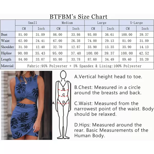 imageBTFBM Women 2023 Summer Sleeveless Casual Crewneck Bodycon Tank Dress Cutout Twist Slim Wrap Club Party Evening DressesLeaf Print Dark Blue