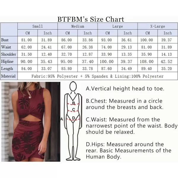 imageBTFBM Women 2023 Summer Sleeveless Casual Crewneck Bodycon Tank Dress Cutout Twist Slim Wrap Club Party Evening DressesLeaf Print Wine Red