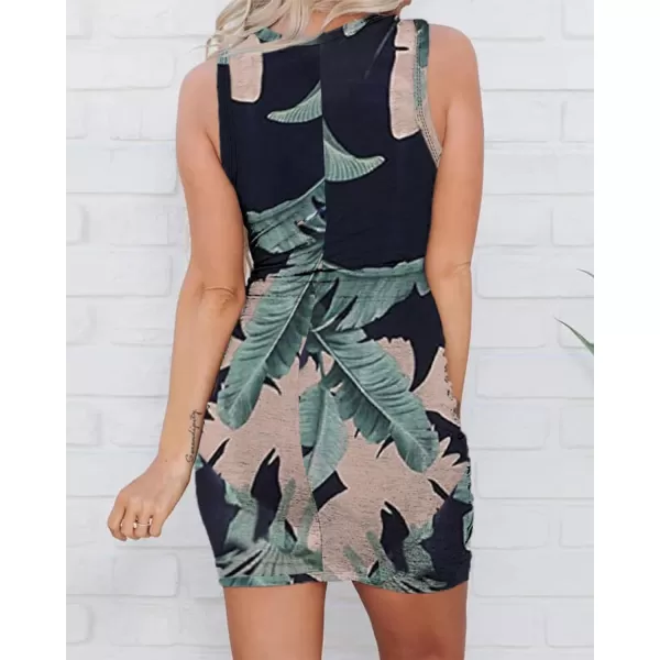 imageBTFBM Women 2023 Summer Sleeveless Casual Crewneck Bodycon Tank Dress Cutout Twist Slim Wrap Club Party Evening DressesLeaves Navy
