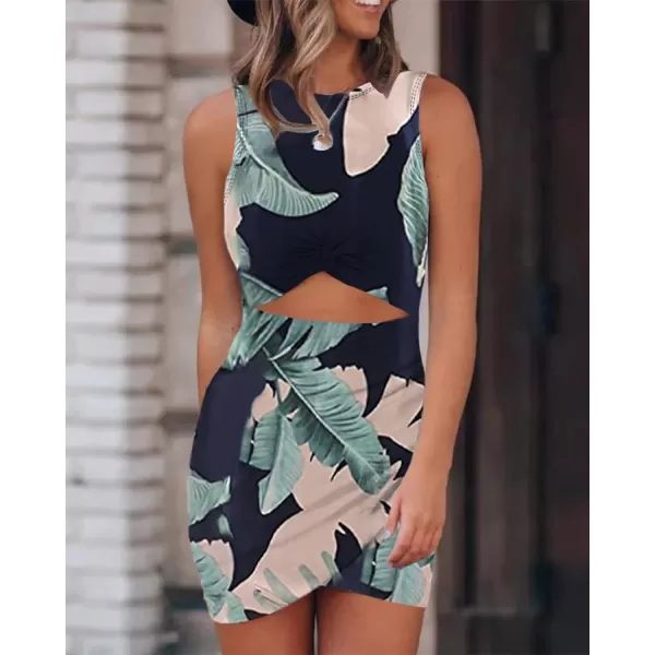 imageBTFBM Women 2023 Summer Sleeveless Casual Crewneck Bodycon Tank Dress Cutout Twist Slim Wrap Club Party Evening DressesLeaves Navy