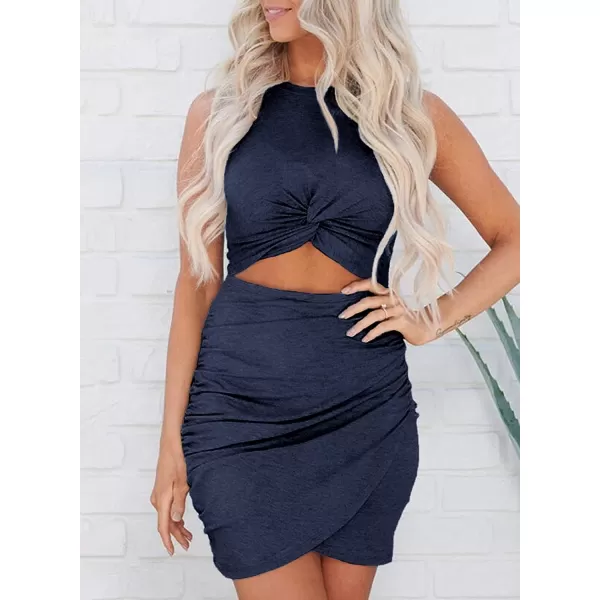 imageBTFBM Women 2023 Summer Sleeveless Casual Crewneck Bodycon Tank Dress Cutout Twist Slim Wrap Club Party Evening DressesNavy