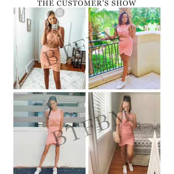 imageBTFBM Women 2023 Summer Sleeveless Casual Crewneck Bodycon Tank Dress Cutout Twist Slim Wrap Club Party Evening DressesPink