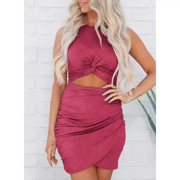 imageBTFBM Women 2023 Summer Sleeveless Casual Crewneck Bodycon Tank Dress Cutout Twist Slim Wrap Club Party Evening DressesRose Red