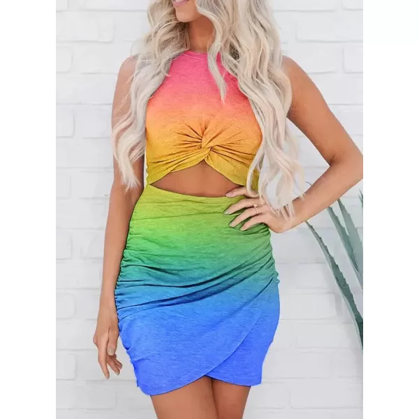 imageBTFBM Women 2023 Summer Sleeveless Casual Crewneck Bodycon Tank Dress Cutout Twist Slim Wrap Club Party Evening DressesTie Dye Pink Blue
